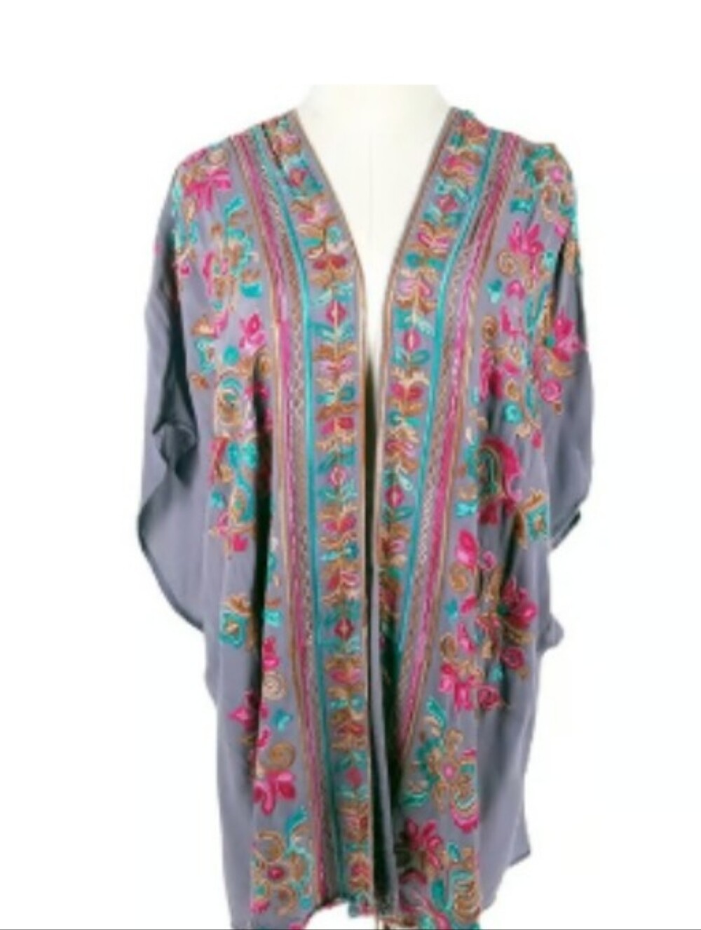 Embroidered Boho Kimono - Gray with Pink & Teal Floral Trim
